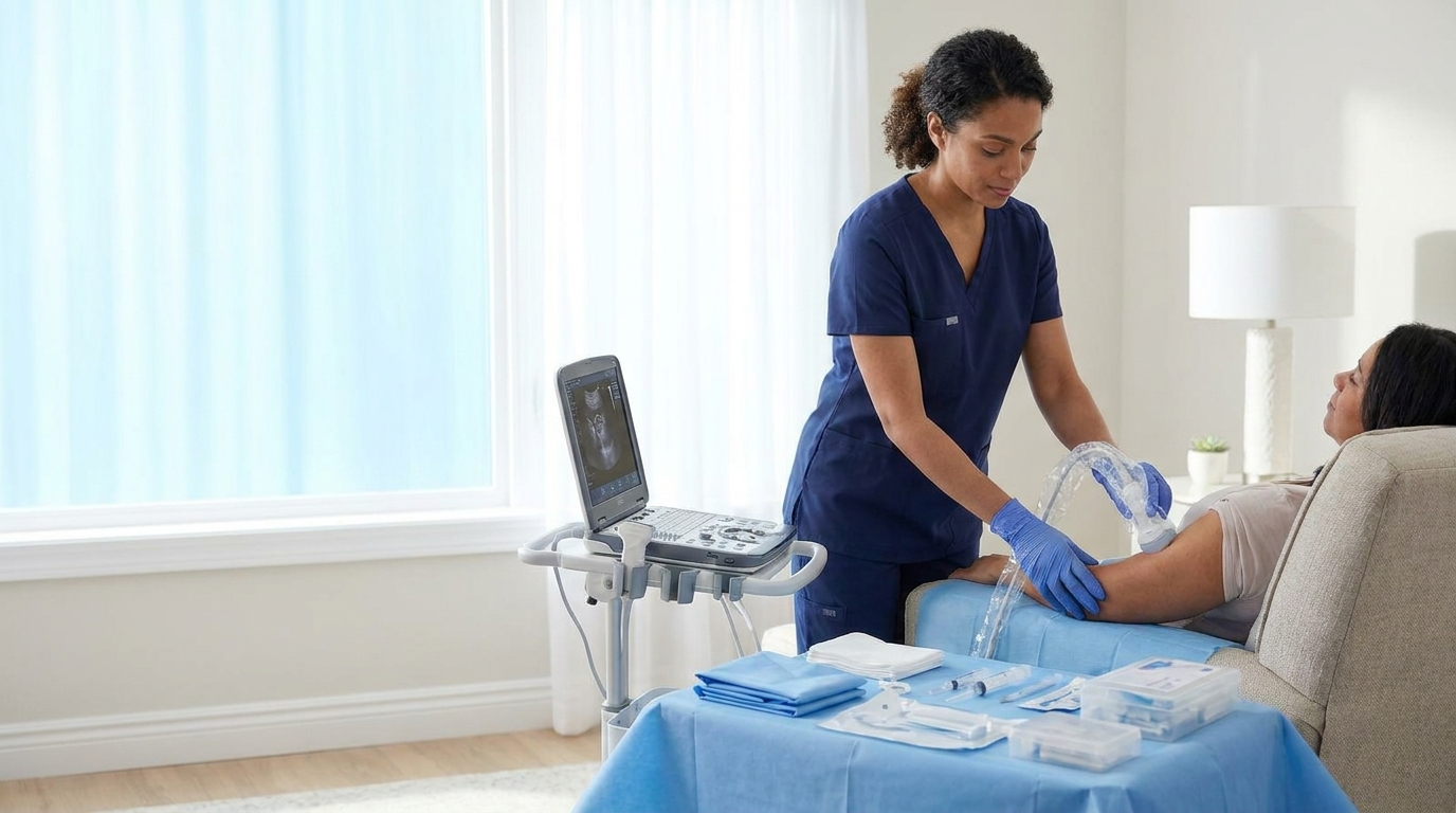 Registered nurse performing ultrasound-guided vascular access in a home-care setting