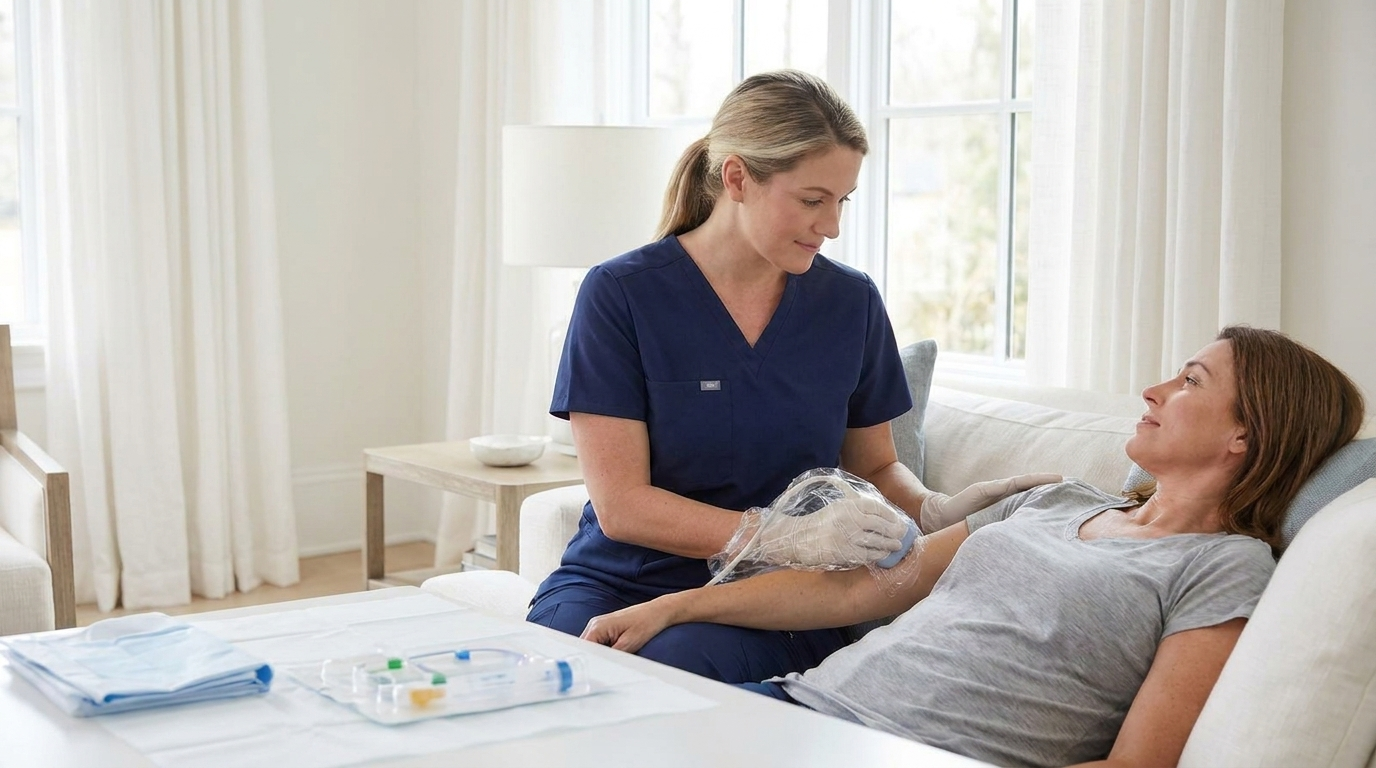 Compassionate vascular access nurse caring for a patient in a comfortable setting