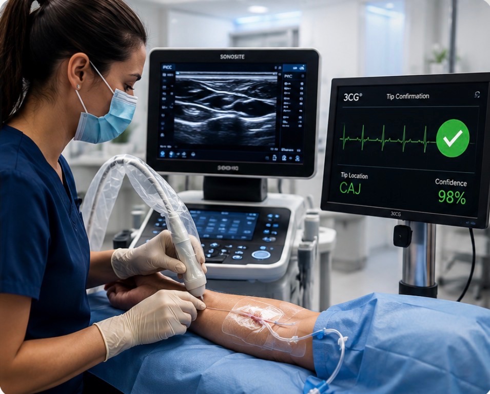 Clinician performing ultrasound-guided PICC line insertion with an ultrasound machine showing vascular imaging and a monitor displaying 3CG® Tip Confirmation Technology with ECG waveform